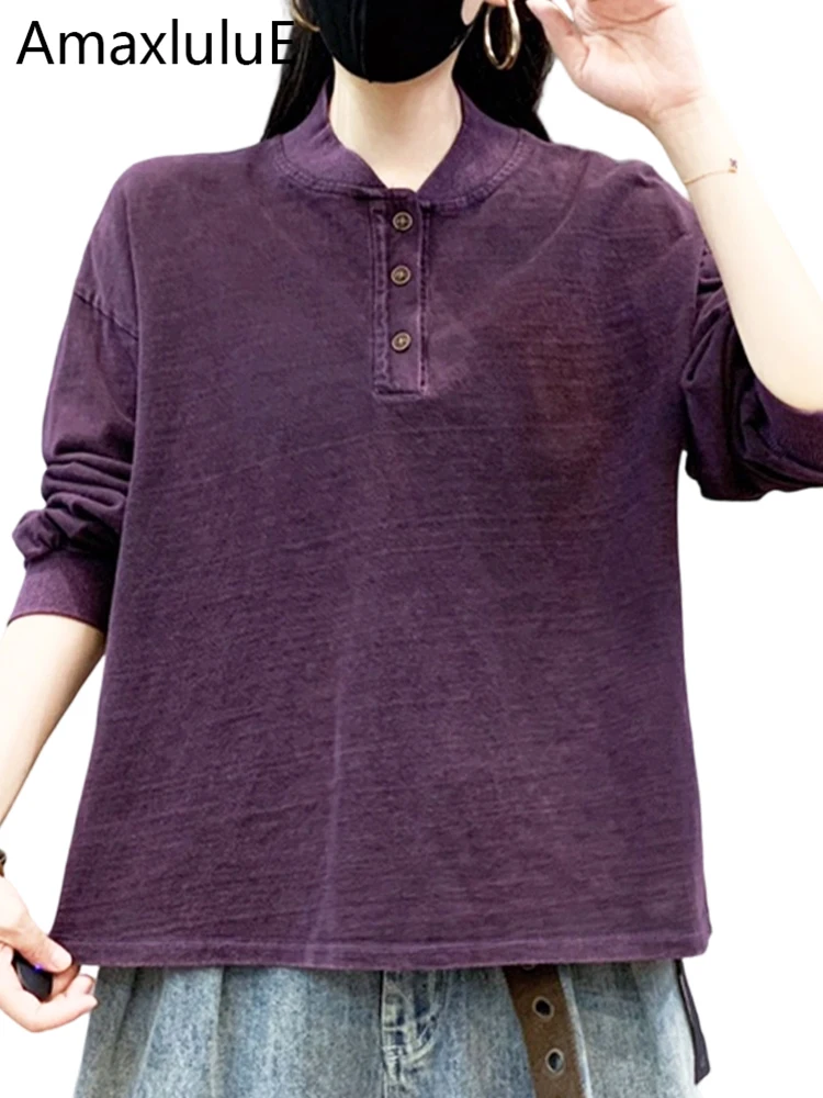 Amax LuluE 2026 Spring Vintage Loose Tee Shirts Womens British Design Classic Tops Females Leisure Fashion Soild Elegant Clothes