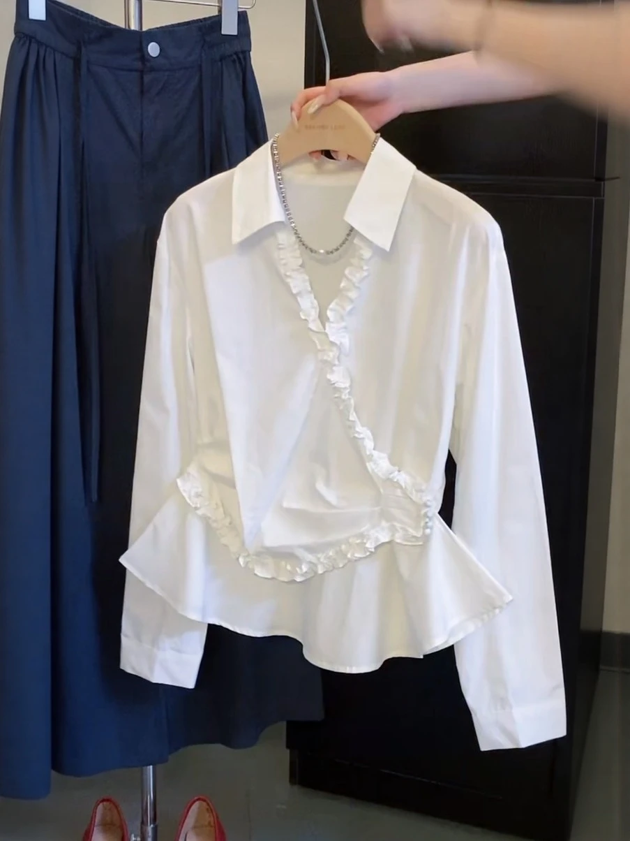 

Elegant White Collar Long Sleeve Shirt Women's Spring New Design Slim Fit Lace Trim Side Button French Style Cotton Shirt