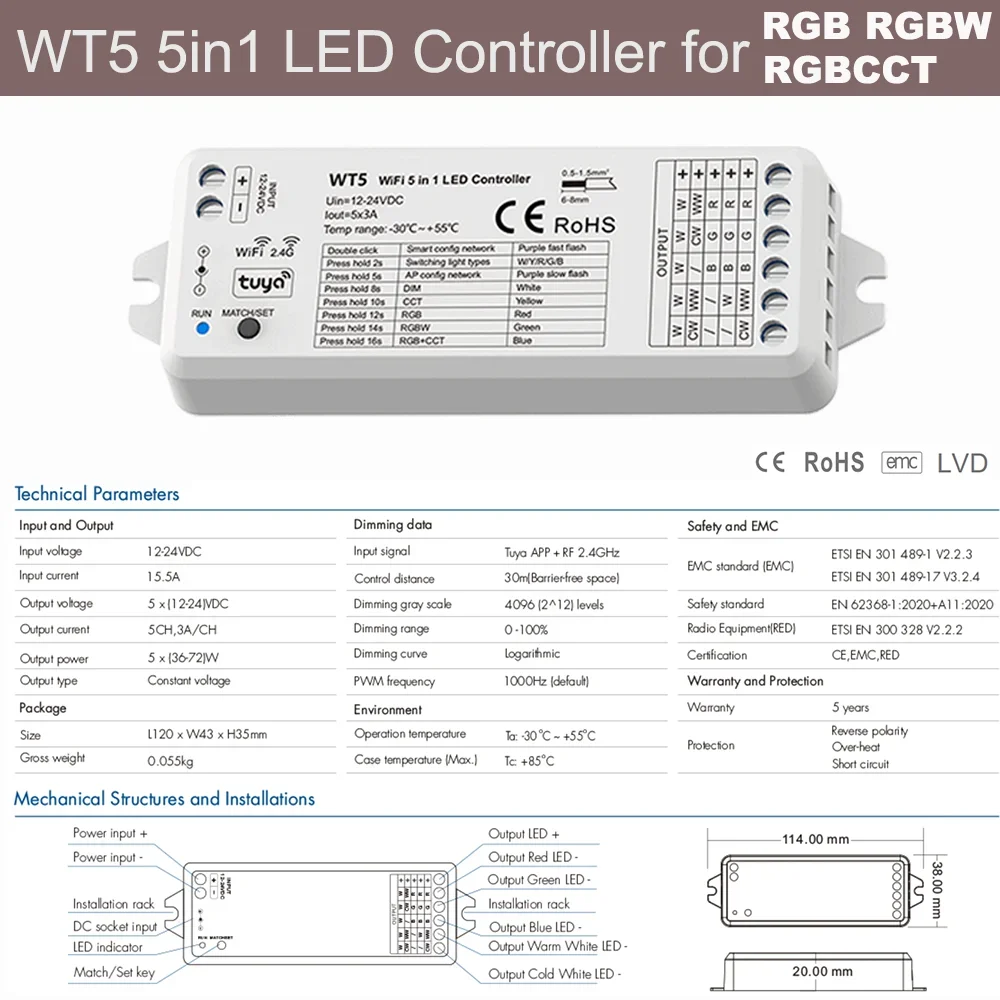 DC12-24V Tuya Wifi RGBCCT LED Controller WT5 5in1 LED Dimmer 2.4G RF 4-Zone Wall Touch Panel Switch Remote Smart Life for Alexa