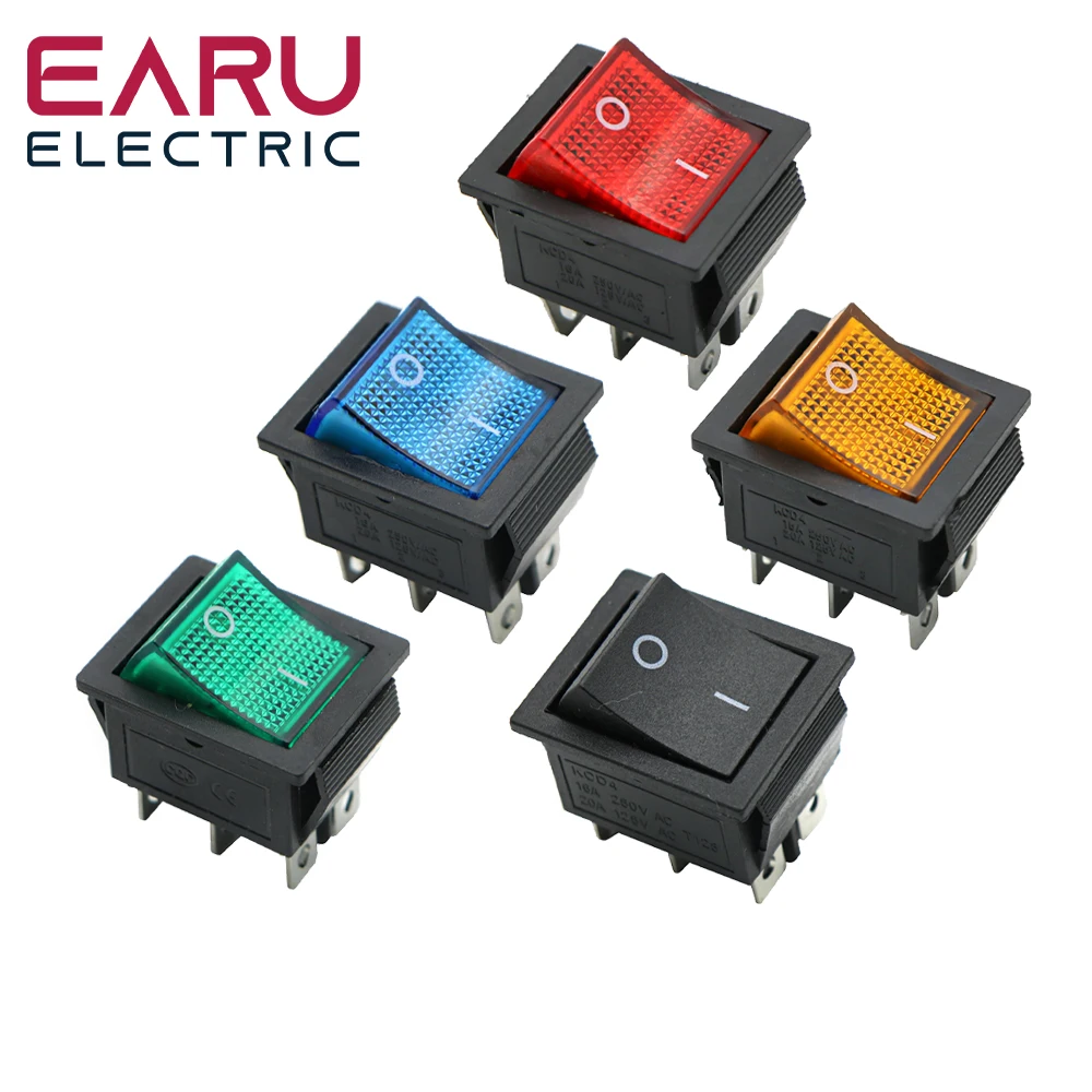 Latching Rocker Switch Power Switch I/O 4 Pins With Light 16A 250VAC 20A 125VAC KCD4 DPST Red Yellow Green Blue Black Boat