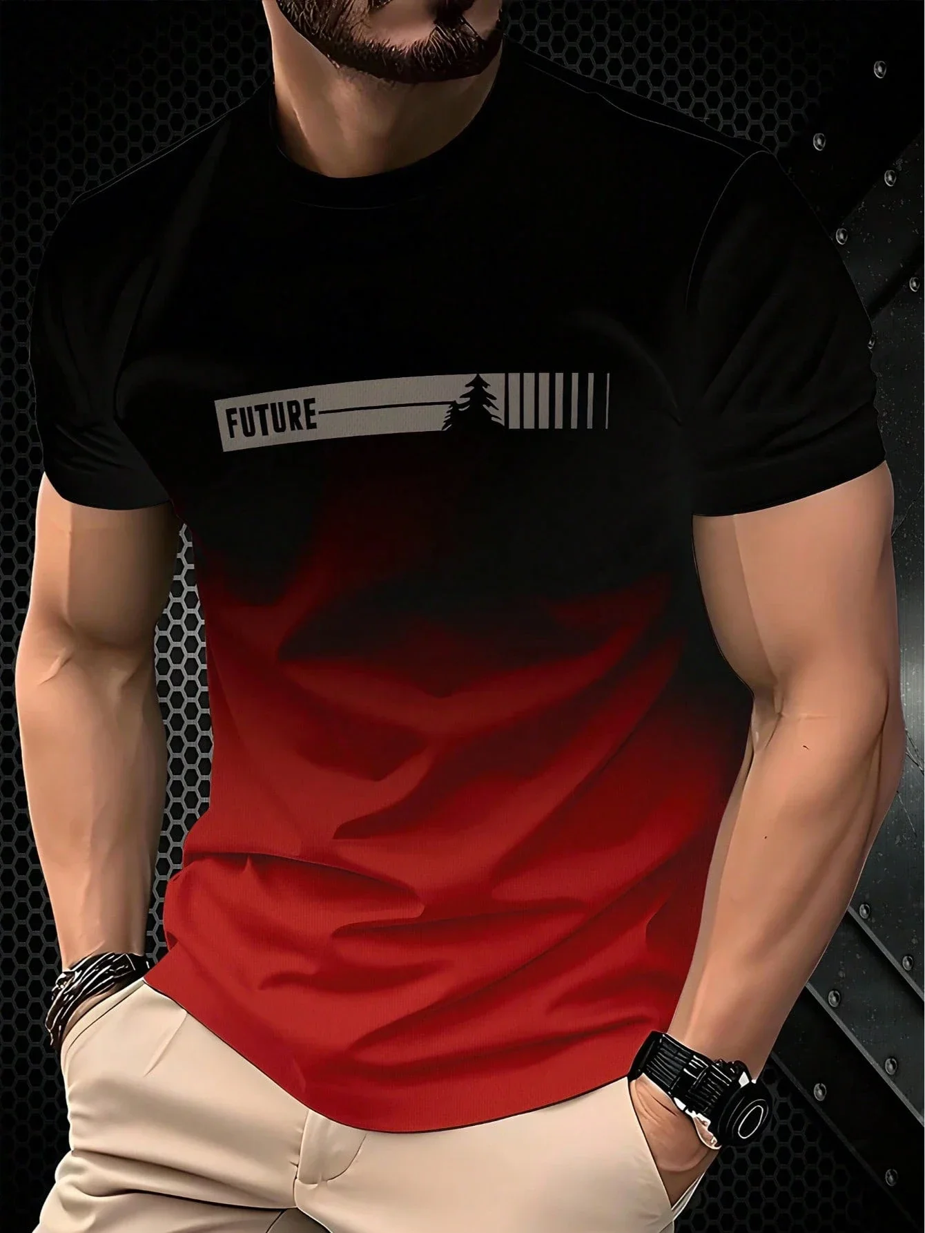 Herren Sommer Mode Lässiges Lockeres Übergrößen-T-Shirt mit Zukunftsmuster-Druck, Atmungsaktiv, Rundhals, Kurzarm