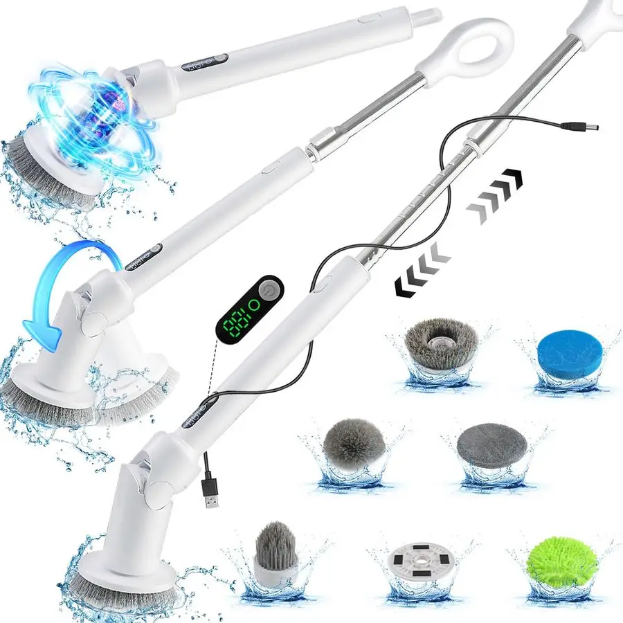 Electric Spin Scrubber, 2024 New FullBody IPX8 Waterproof Bathroom Cleaner Brush, Shower Scrubber with Long Handle amp 2 Speed,