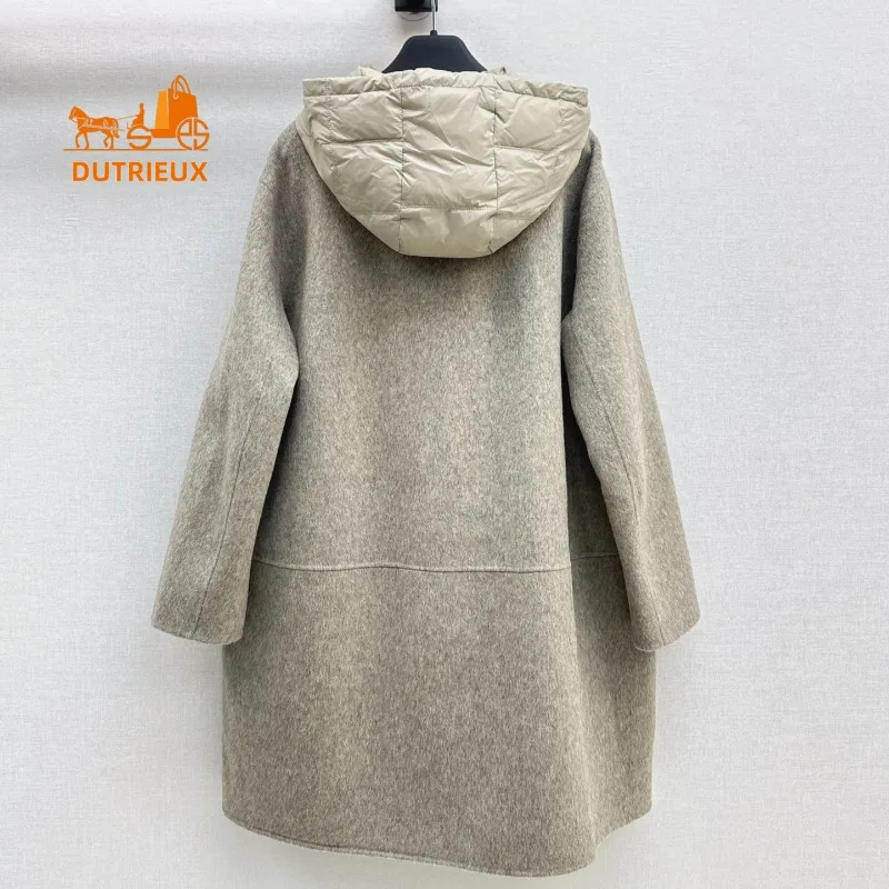 2024 Winter New Coat for Women, Spliced Cashmere Hooded Mid-length Down Jacket with Detachable Lining and Down Vest for Warmth