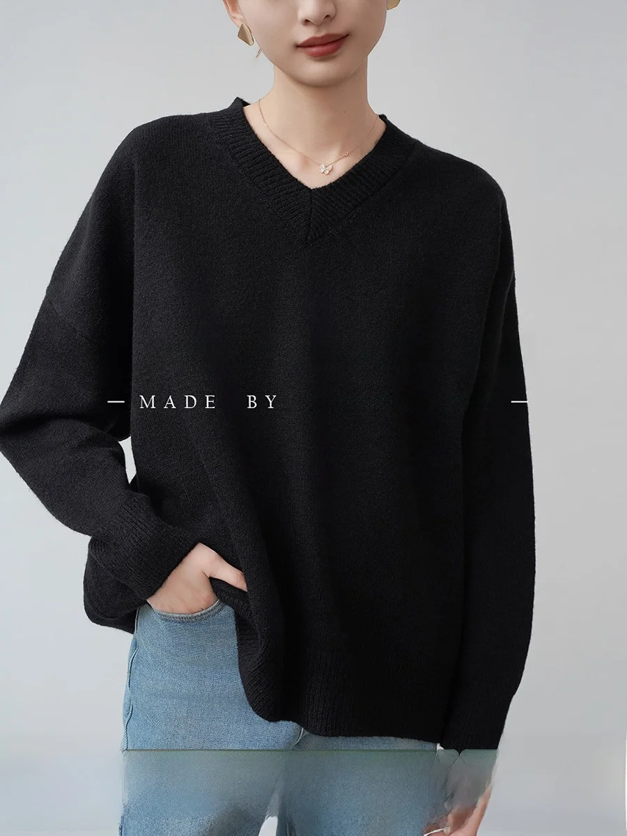 

Ele Loose Women's V-Ne Sweater Bla Spring Autumn Inner Wear Lazy Sle Outerwear Knitted Sweater Commute Sle Loose Fit