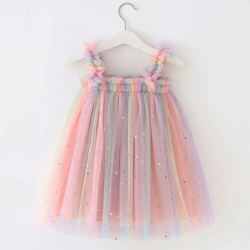 Summer Preschool Girl Baby Dress Rainbow Sequin Thin Gauze Cute Sweet Dress Girl Halloween Unicorn Dress Sling Dress
