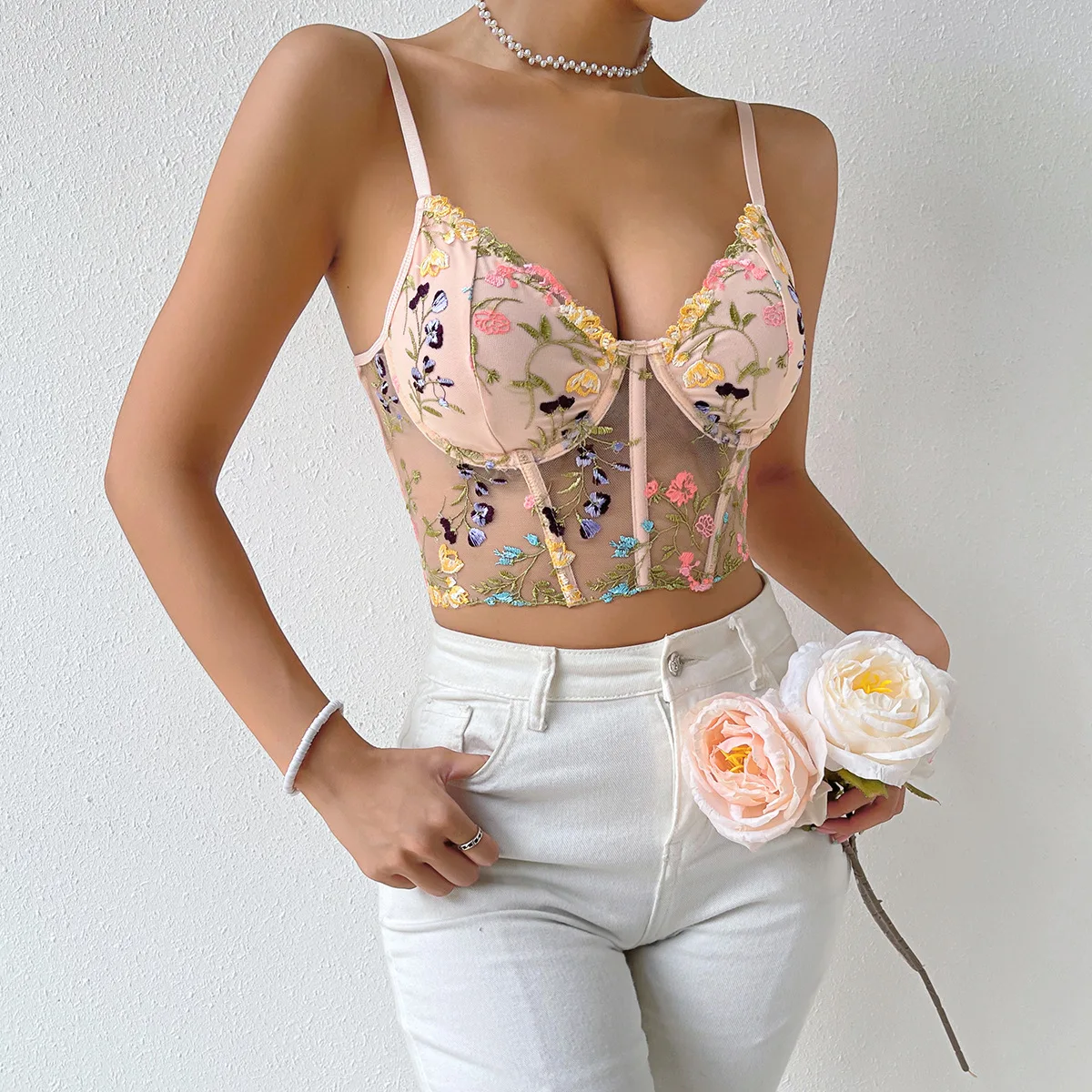 Summer Women Floral Cropped Top Bustier Camisole Vintage Sexy Corset Tops Fashion Slim Sleeveless Halter Tank Tops Lingerie Vest