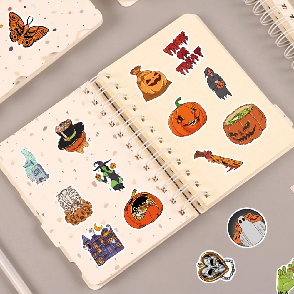 50PCS Fun Colorful Halloween Pumpkin Sticker Pumpkin Ghost Cup Candy Jar Celebrating Holiday Gift DIY Cup Phone Book Guitar