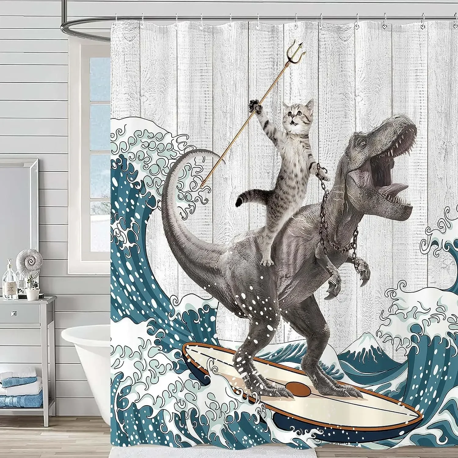 Funny Shower Curtain Brave Cat Cartoon Shower Curtain Waves Ocean Decor Fabric Shower Curtain Set with Hooks Bathroom Decoration