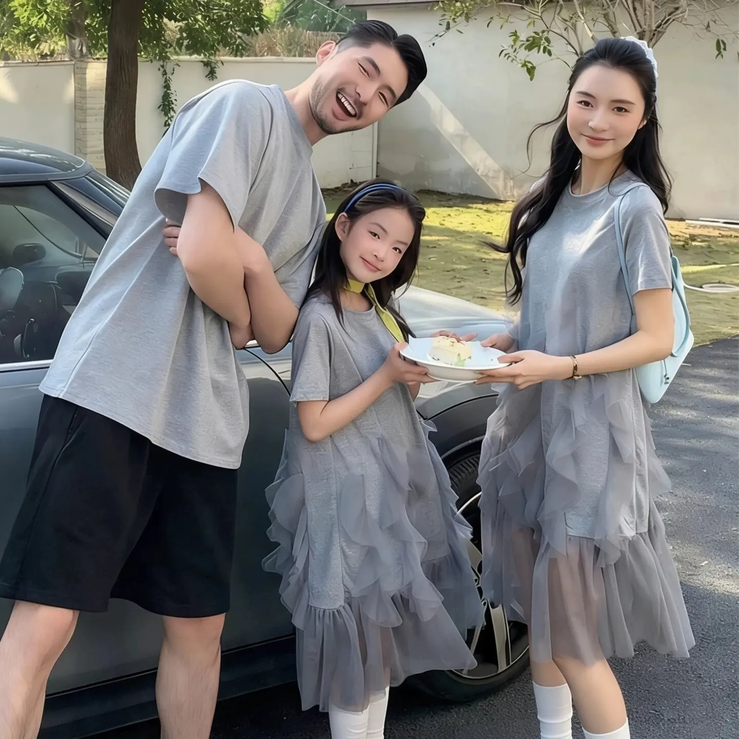 Summer Family Matching Mom Daughter Tulle Tutu Dress Dad Son Short Sleeve Tee Elegant Family Look Photo Party Daily Casual