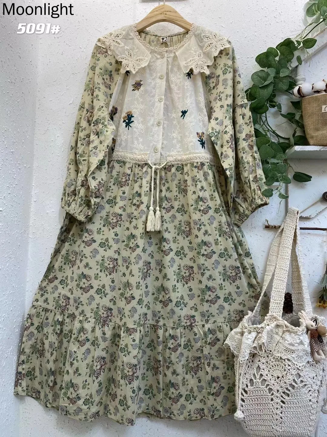 

Vintage Flower Embroidery Dresses Women Japan Mori Girl Doll Collar Long Sleeve Loose Dress Lace Patchwork Cotton Linen Vestidos