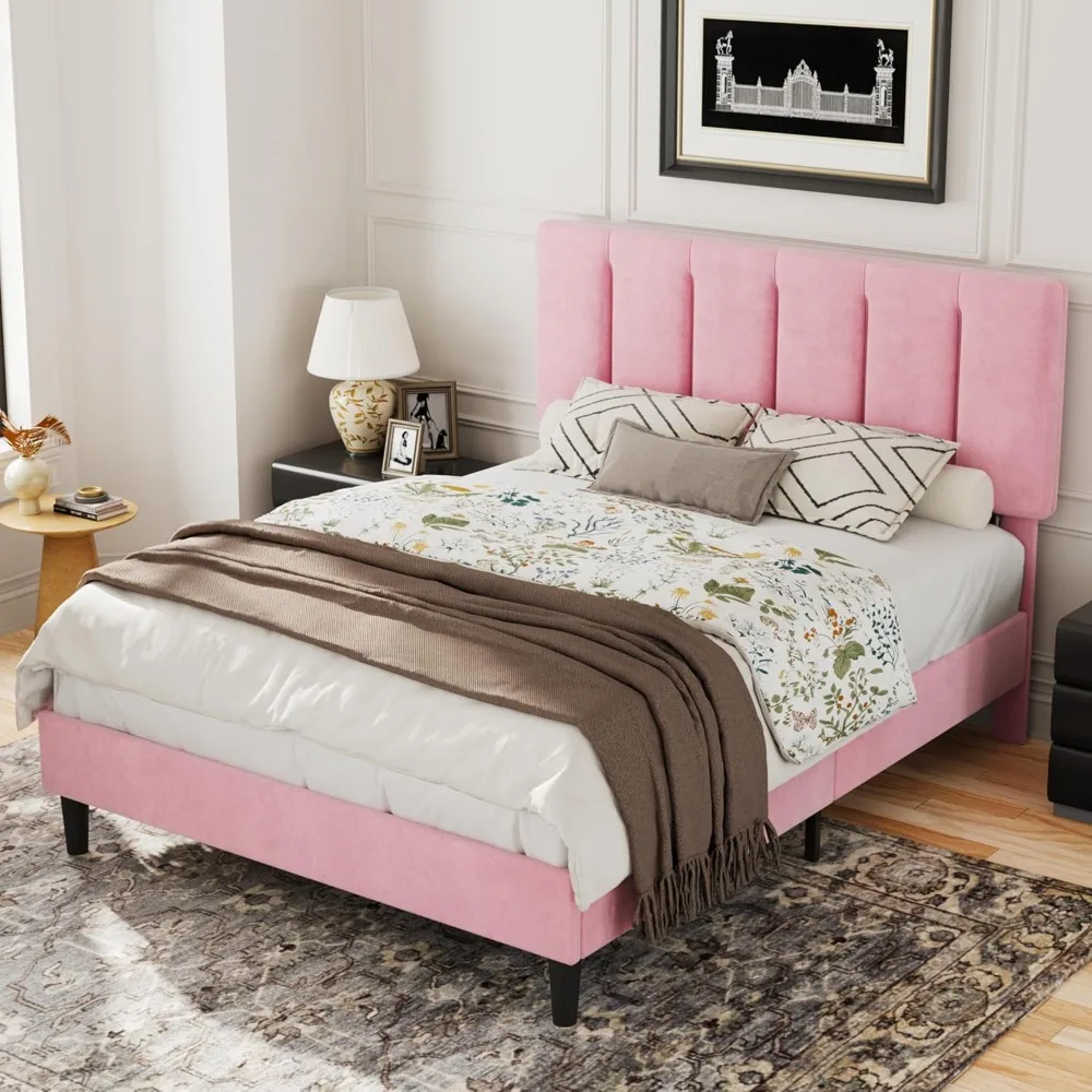 Full Bed Frame with Upholstered Headboard, Heavy-Duty Platform Bedframe with Strong Wooden Slats Support, Pink