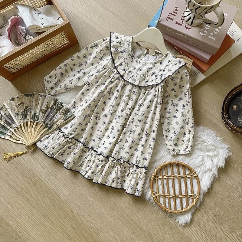 Dress Girl Autumn New Sweet Easy Tender Princess Broken Flowers Doll Collar Long Sleeves 2024 Printing Simple Causal