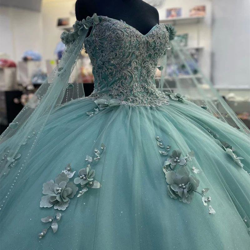 Lorencia-Vestido Quinceanera Brilhante Verde Menta com Capa, vestido de baile, perolização com renda, espartilho flores 3D, 2023, 15 anos, YQD303