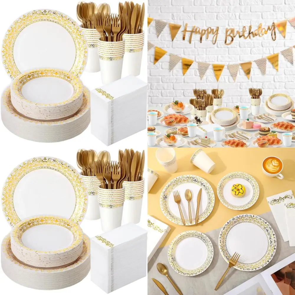 

100-Guest Dinnerware Set: 200 Paper Plates, 300 Plastic Cutlery, 100 Cups, 100 Napkins in White Gold