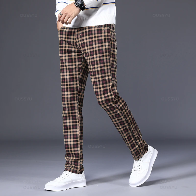 High Quality Men\'s Plaid Casual Pants 98% Cotton Stretch Straight Classic Slim Fit Trousers Male Large Size 40 42 6 Pattern