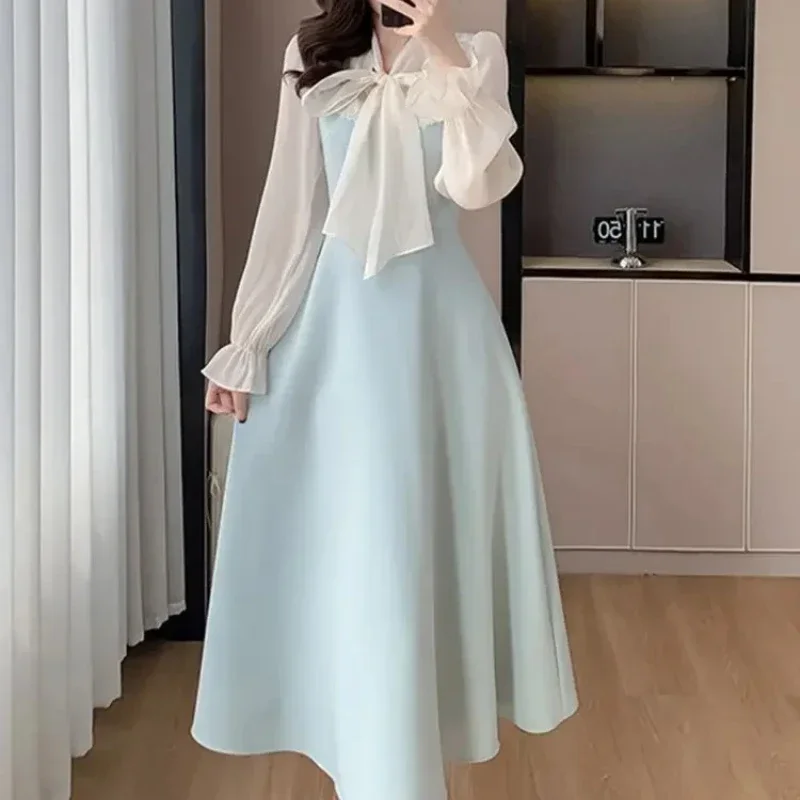 Dresses for Women Silk Bow New In Spring Autumn Woman Long Sleeve Dress Features Elegant Party Casual Youth One-piece Aesthetic