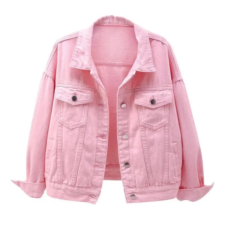 Women Denim Jacket Spring Autumn Short Coat Pink Jean Jackets Casual Purple White Loose Tops Lady Button Pockets Outer NM33