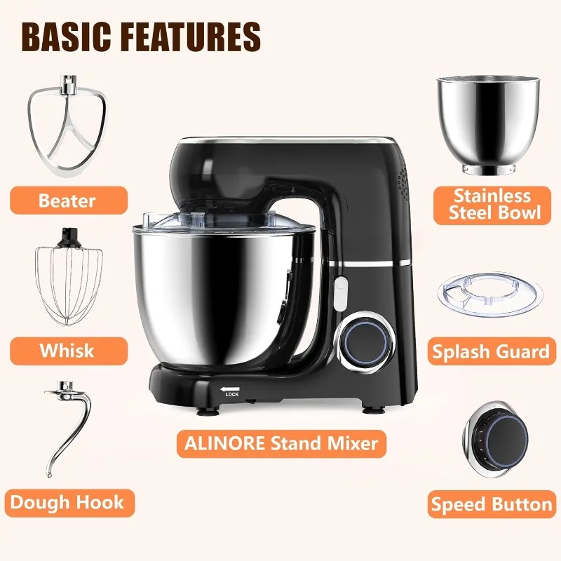 Food Mixer with Dishwasher-Safe Dough Hook, Stand Mixer,  Egg Whisk, Flat Beater for Baking, Cake and Most Home Cooks (Black)