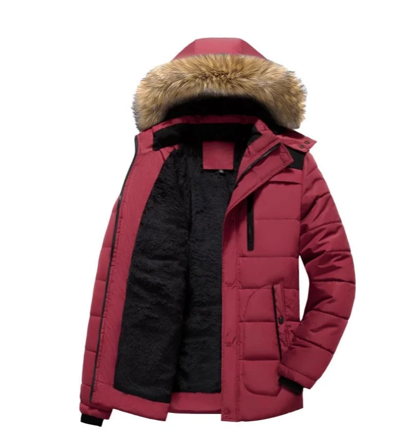 

Men's Winter Wool-Collared Hooded Cotton-Padded Jacket Thickened Fleece Coat Middle-Aged Elderly Dad's Warm Stylish Suit
