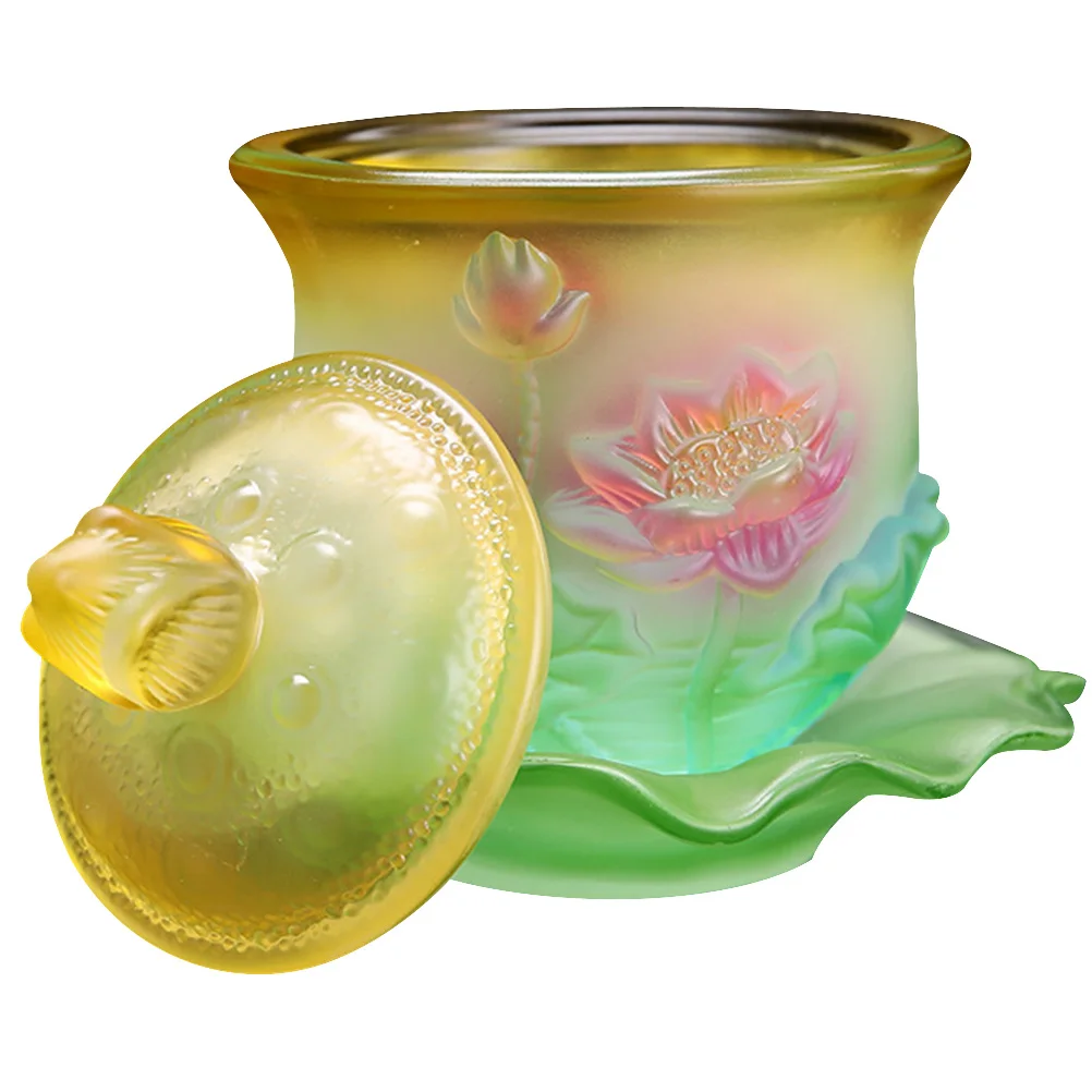 

1Set Glass Altar Offering Cup Buddhist Water Cup Golden Design Temple Worship Multi-Function Exquisite Glass Offering Supplies