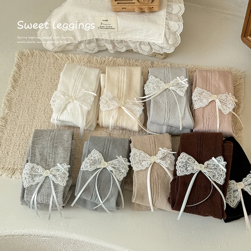 Cute Girls Solid Color Breathable Tights With Long Streamer Ribbon Lace Bow Decor Soft Elastic Pantyhose For Daily Wear Outfits view 6