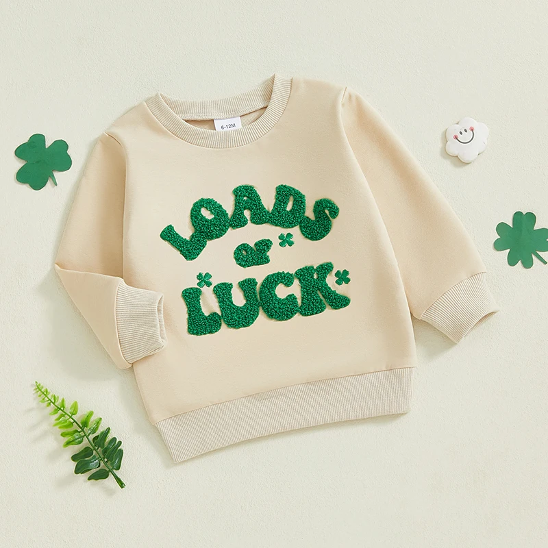 Baby Toddler Boy Sweatshirt Clover Letter Embroidery Long Sleeve Pullover Tops Causal Irish Clothes