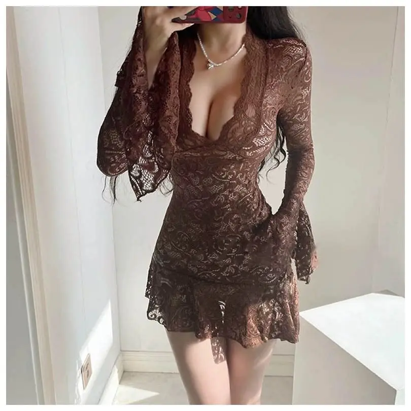 الخريف الأمريكية خمر bodycon فساتين النساء الملابس سليم صالح بولو الرقبة طويلة الأكمام الدانتيل سليم فستان حفلة قصيرة الكورية