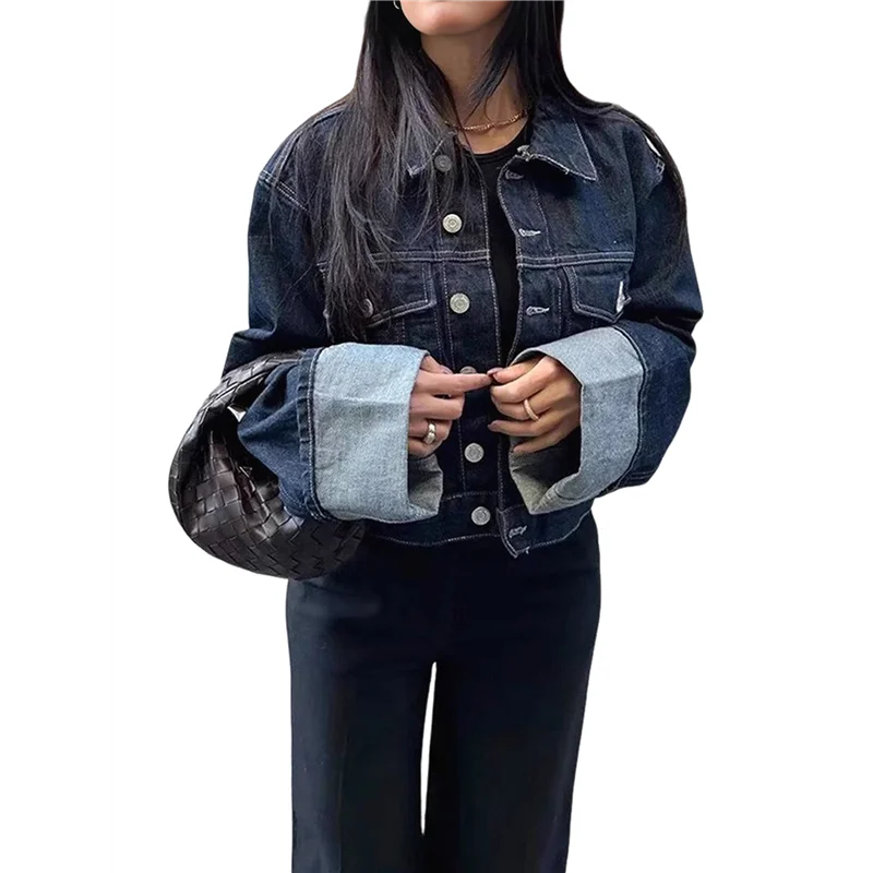 

ASDS-Женский винтажный джинсовый комплект, куртка с длинными рукавами и лацканами, широкие джинсы с высокой талией, наряд из двух предметов