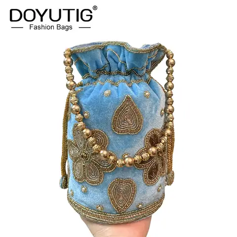 DOYUTIG Women's Velvet Embroidered Bucket For Party Vintage Handmade Mini Handbag Lady Fashion Wedding Totes Beaded Bag N006