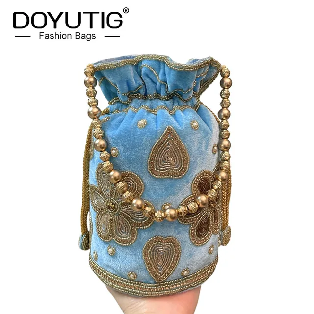 DOYUTIG damskie aksamitne haftowane wiadro na imprezę Vintage ręcznie robiona Mini torebka Lady Fashion torby ślubne torba z koralikami N006