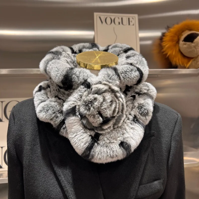 Real rabbit fur knitted faux fur scarf fashionable elegant flower warm neck warmer women's double-sided thickened windproof