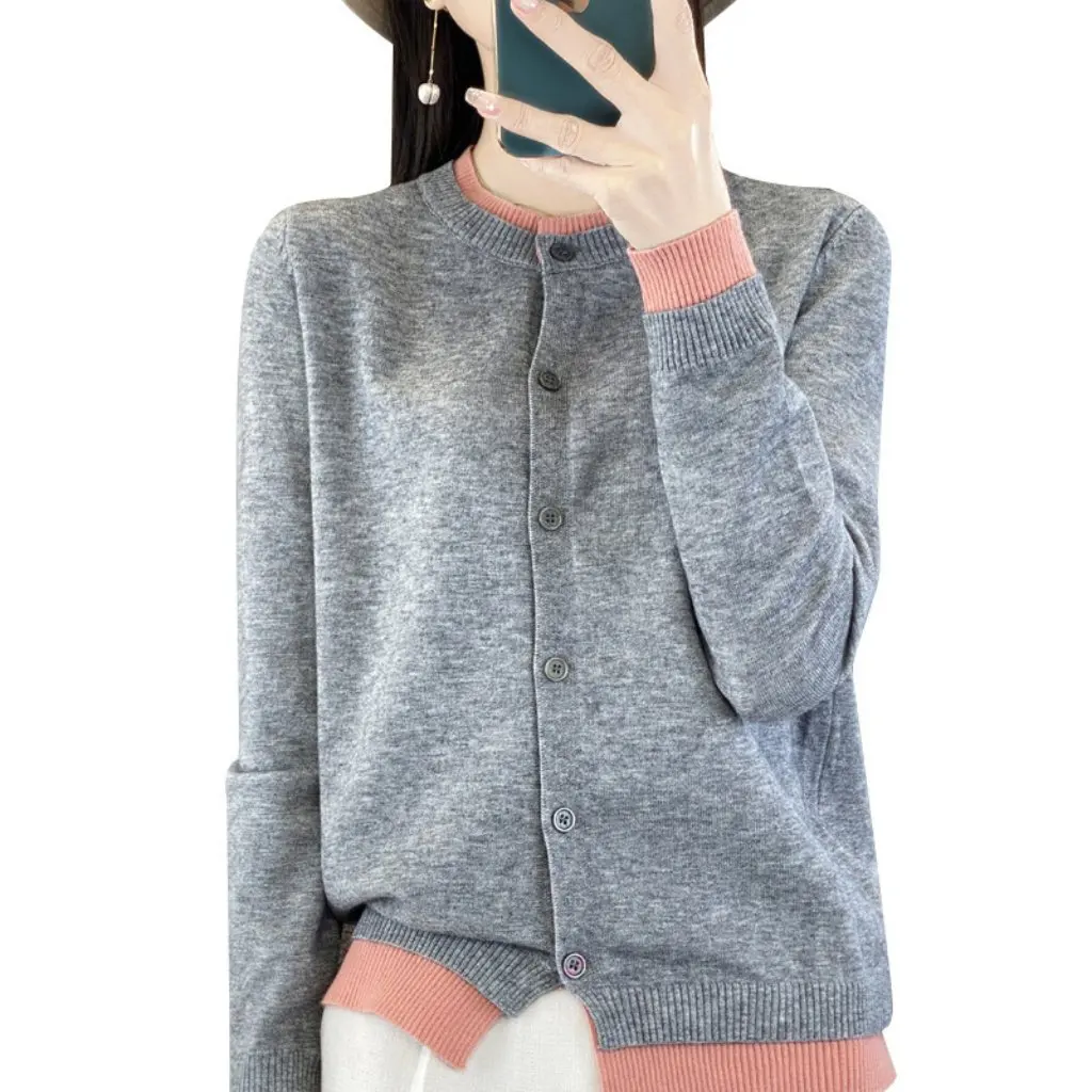 

Spring Thin Knitted Cardigan Women's Color Block Two-Piece Fake Two-Piece Sweater Coat Loose Long Sleeve Top with Large Size
