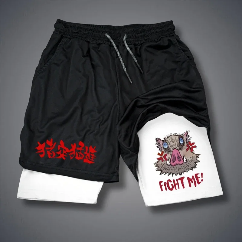 남성 피트니스 퍼포먼스 러닝 트레이닝 스포츠 반바지 패션 프린트 2-In-1 더블 레이어 여름 메쉬 속건성 비치 반바지