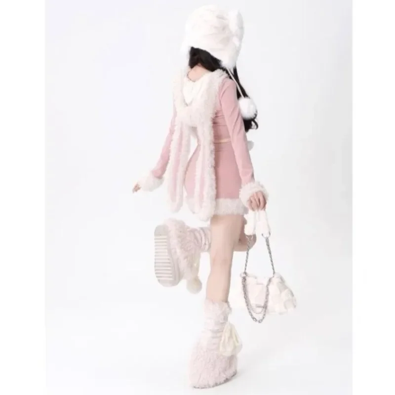 Sweet Pink Rabbit Ear Hoodie Llong Sleeve Zipper Tops Women+ Y2k High Waist Slim Fit Bodycon Skirts 2024 Nowe zestawy dwuczęściowe