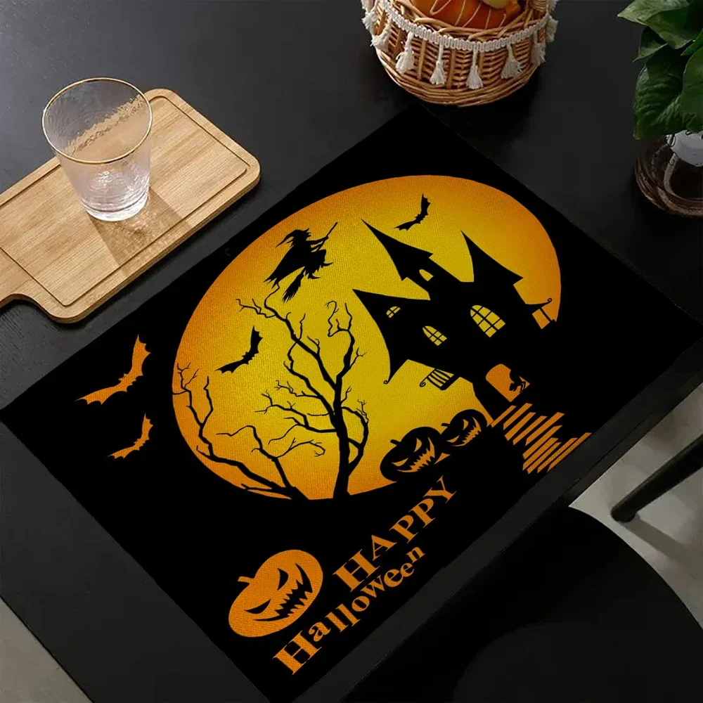 4PCS Halloween Table Placemats 30x40cm Linen Ghost Festival Atmosphere Table Mat Bat Pumpkin Spider Web Dining Table Decorations