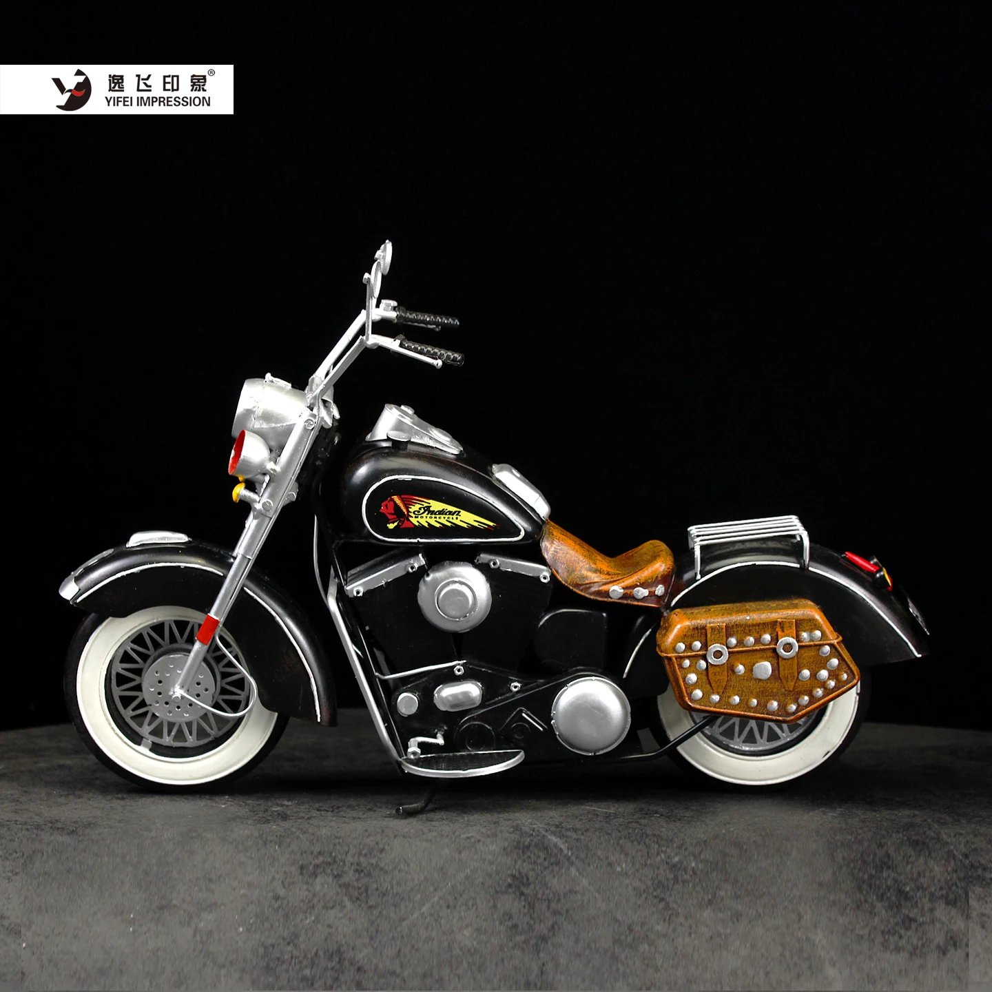 Vintage Retro Handmade Iron Motorcycle Model with Studded Saddlebag Whitewall Tires Classic Motorbike Figurine Collectible Decor