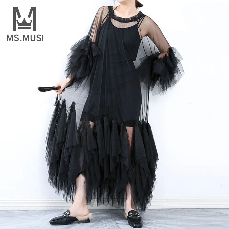 

MSMUSI 2023 New Fashion Women Sexy O Neck Lace Mesh Falbala Ruffles Draped Long Sleeve Backless Bodycon Party Maxi Dress Gown