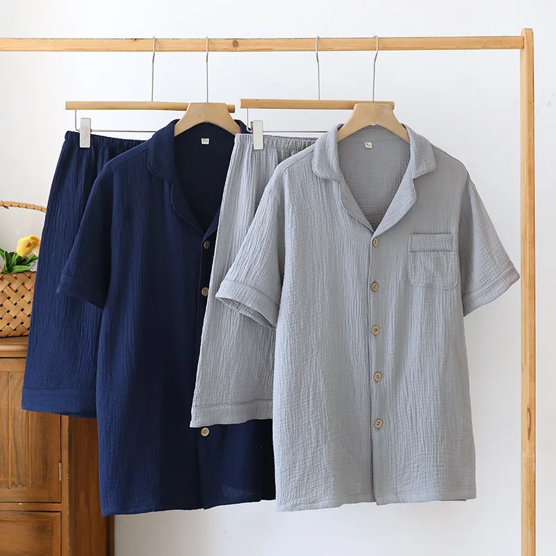 Men's Cotton Short Sleeve Pajama Set, Solid Gray Navy