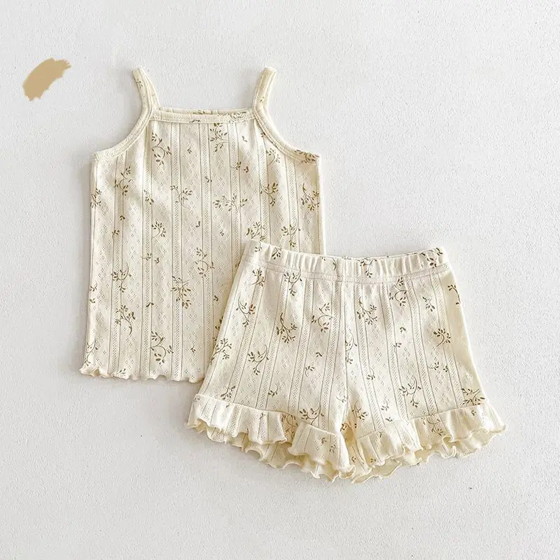 2025 Summer Korean Version Floral Cotton Breathable Home Clothes Air Conditioning Clothes Two-piece Set Girls' Camisole Shorts