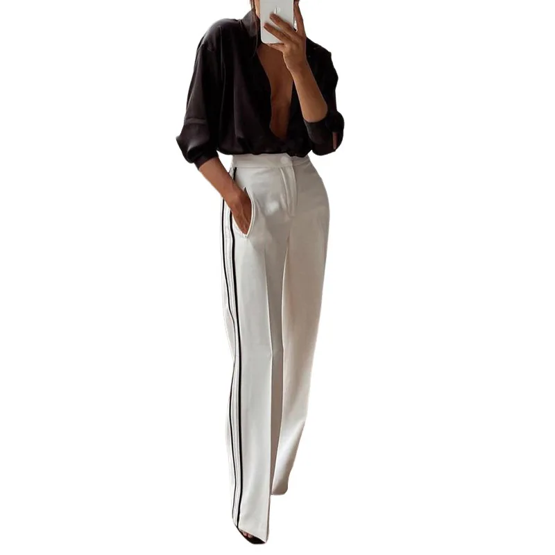 Beach Coverups For Women 2024 Set Summer Loose Trousers Outing Kaftan Swim Wear White Straight Pants Block Color Polyester