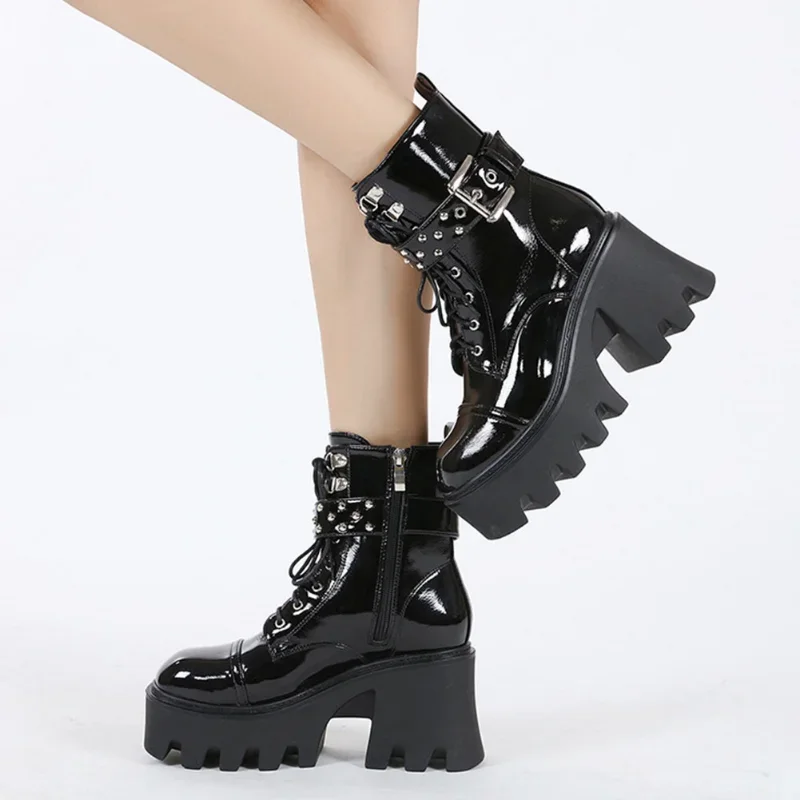 2023 new Fashion Punk Cool Platform Goth Chunky Women Shoes Zipper Buckle Rivet Metal Grunge Fashion Punk Ladies Boots