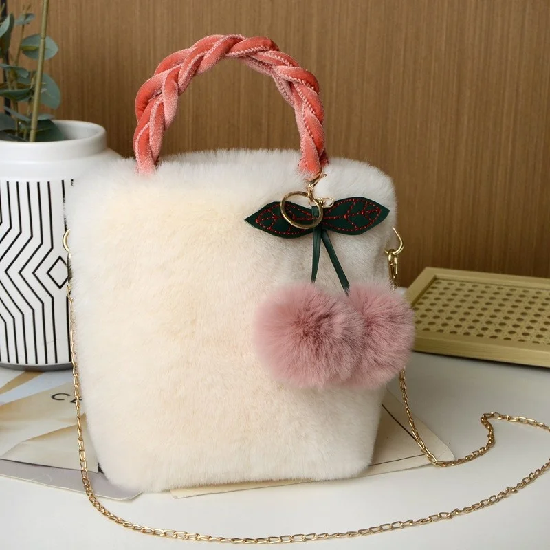 Faux Fur Crossbody Bags for Women Plush Small Purses and Handbag with Pompom Cherry Fluffy String Shoulder Bag Girl Clutch Purse