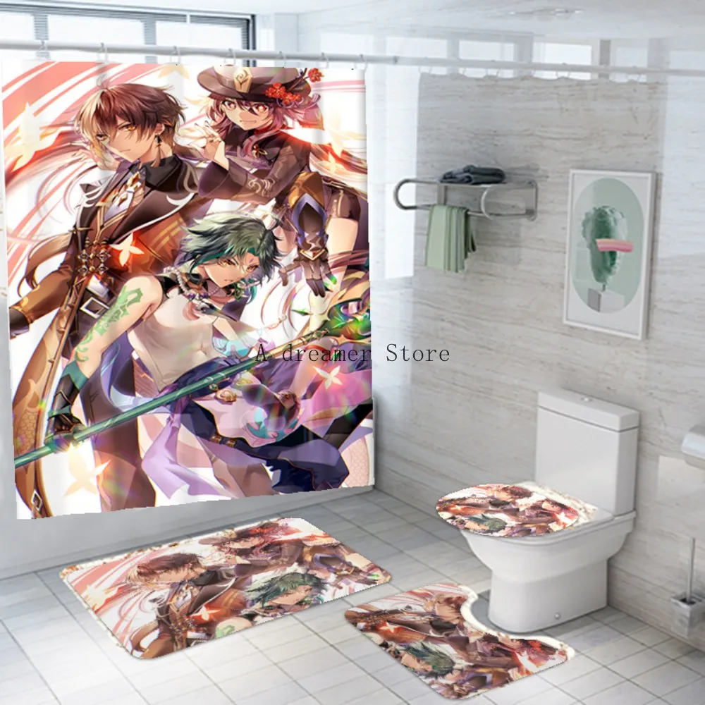 Anime Shower Curtain Genshin Impact 3D Print Bath Mat Set Cartoon Kawaii Zhongli Bath Curtain Anime Bathroom Toilet Kid Gift