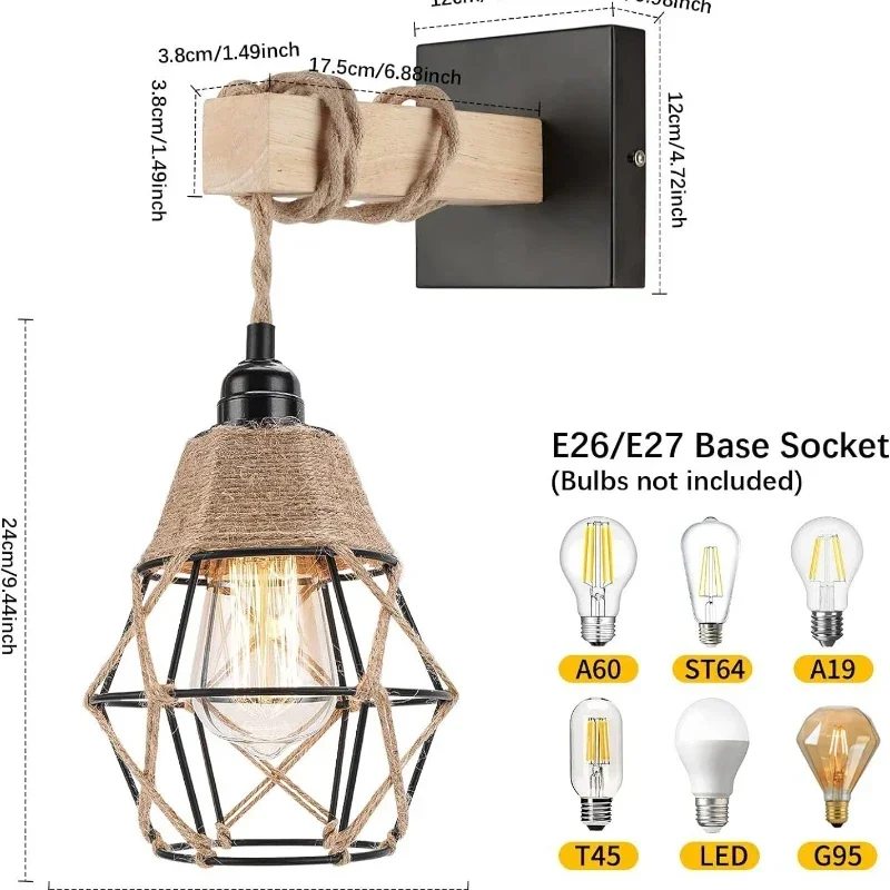 

Retro Industrial Iron Wood Wall Lamp Wire E27 Modern Nordic Indoor Sconce Fixture For Home Decor Bedside Switch Wall Light ES