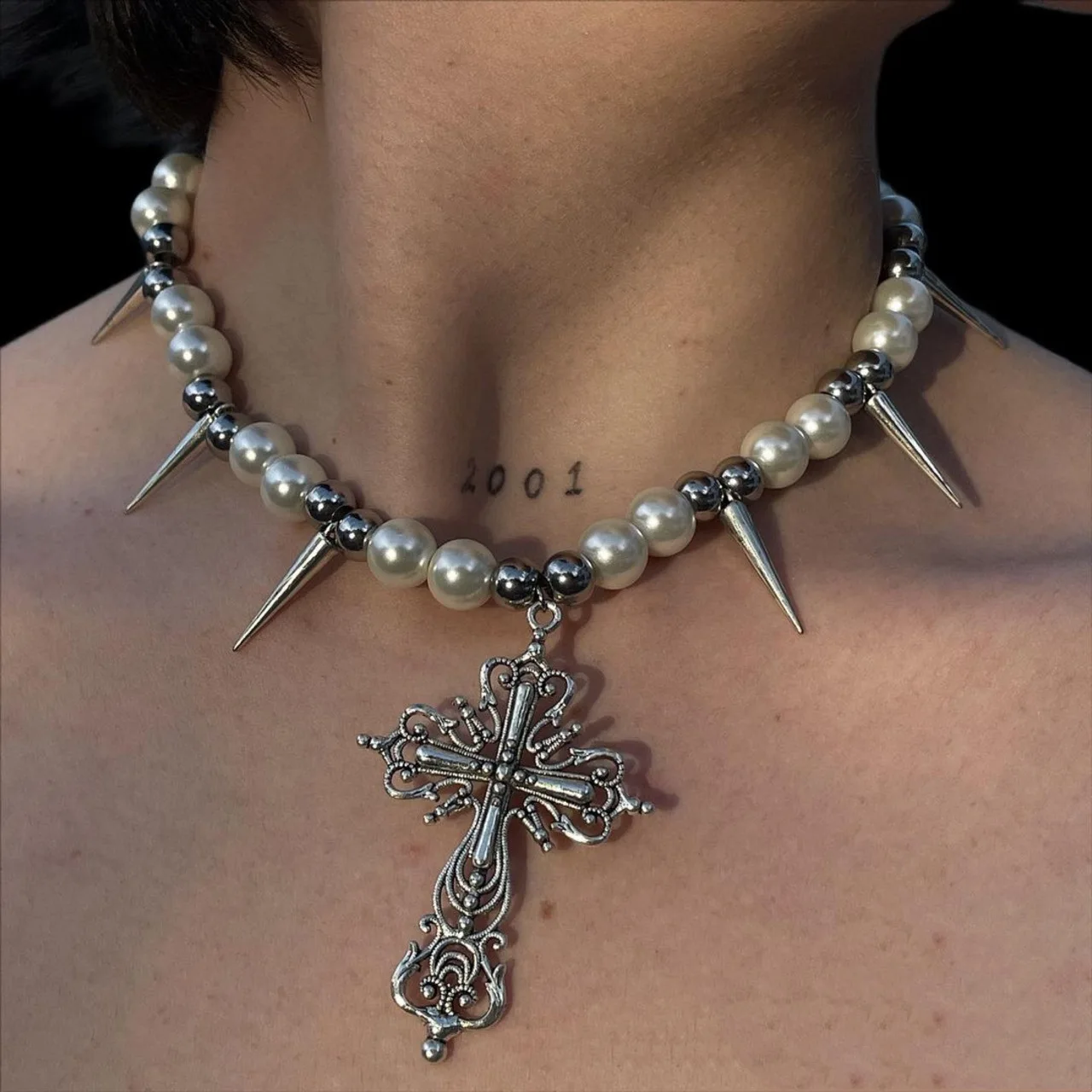 Uwin Gothic Pearl Rivet Cross Pendant Necklace For Women Grunge Exaggerated Jewelry Punk Goth Accessory Choker