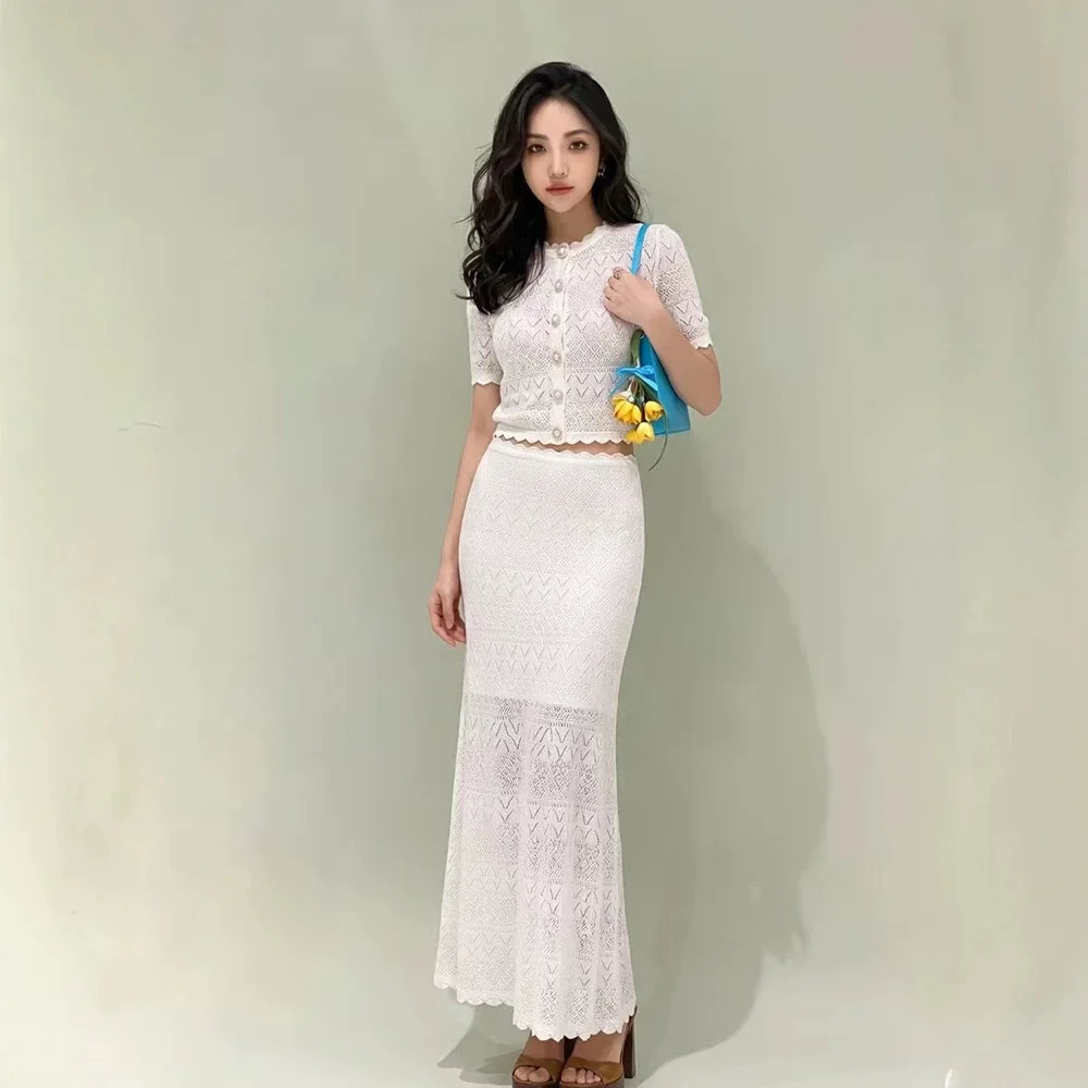 

Women's new summer knitted two-piece suit, short-sleeved cardigan or mid-length skirt