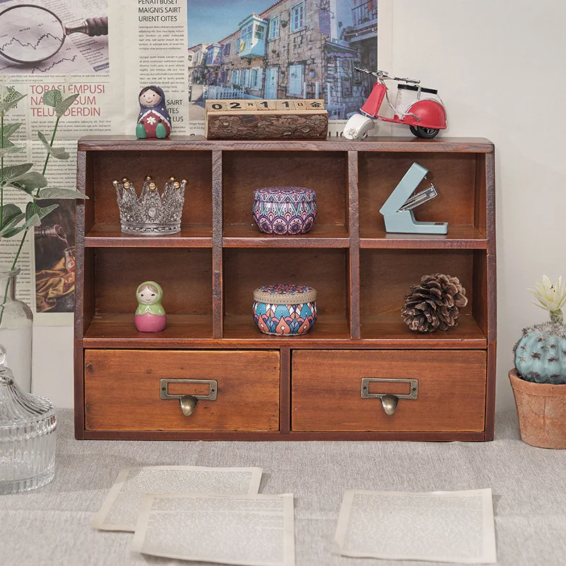 

Solid wood retro multi-functional storage box display display shelf desktop drawer type storage cabinet Cosmetics storage cabine