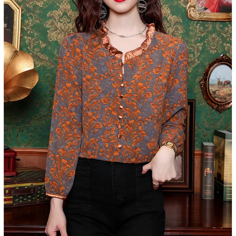 

Women's 2024 Spring New Fashion Mulberry Silk Printed Commute Long Sleeved Ruffled Neck Pullover Button Versatile Shirts Tops