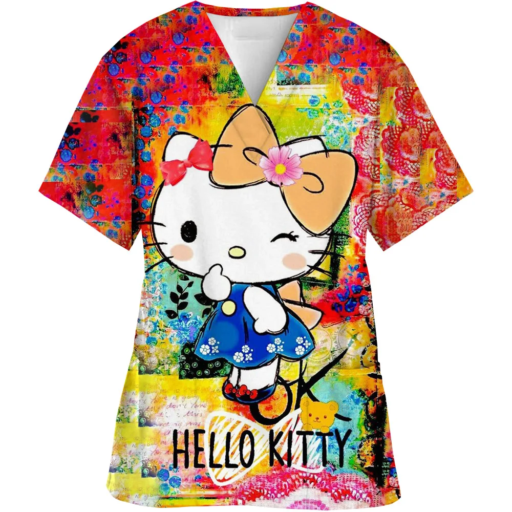 Hello Kitty Print Summer Nurse Uniform Scrubs Tops Womens Cartoon Short Sleeve Pocket Overalls Uniforms Medical Nursing Blouse