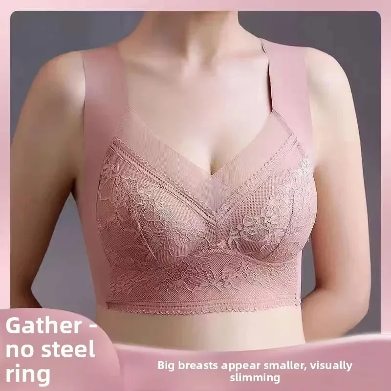 Sutiã feminino verão gelo seda renda fina sem costura beleza volta roupa interior feminina reunindo sem anel rígido copo fixo sem costura estilo colete